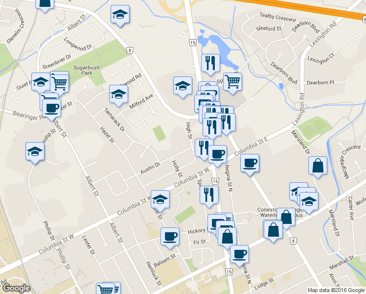 map of restaurants, bars, coffee shops, grocery stores, and more near 16 Austin Drive in Waterloo