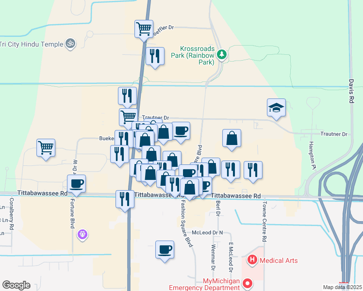 map of restaurants, bars, coffee shops, grocery stores, and more near 2772 Tittabawassee Road in Saginaw