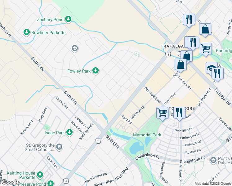 map of restaurants, bars, coffee shops, grocery stores, and more near 64 Huguenot Road in Oakville