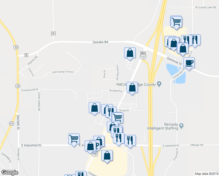 map of restaurants, bars, coffee shops, grocery stores, and more near 8430 Woodland Drive in Beaver Dam