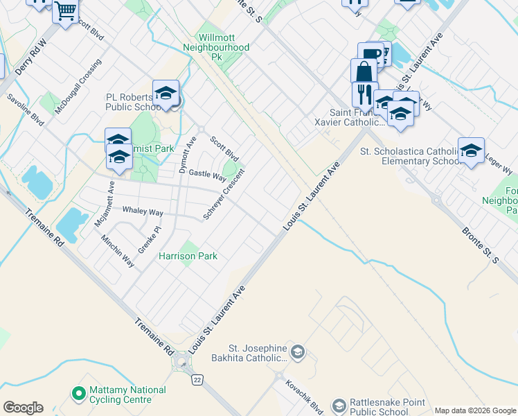 map of restaurants, bars, coffee shops, grocery stores, and more near 305 Gleave Terrace in Milton