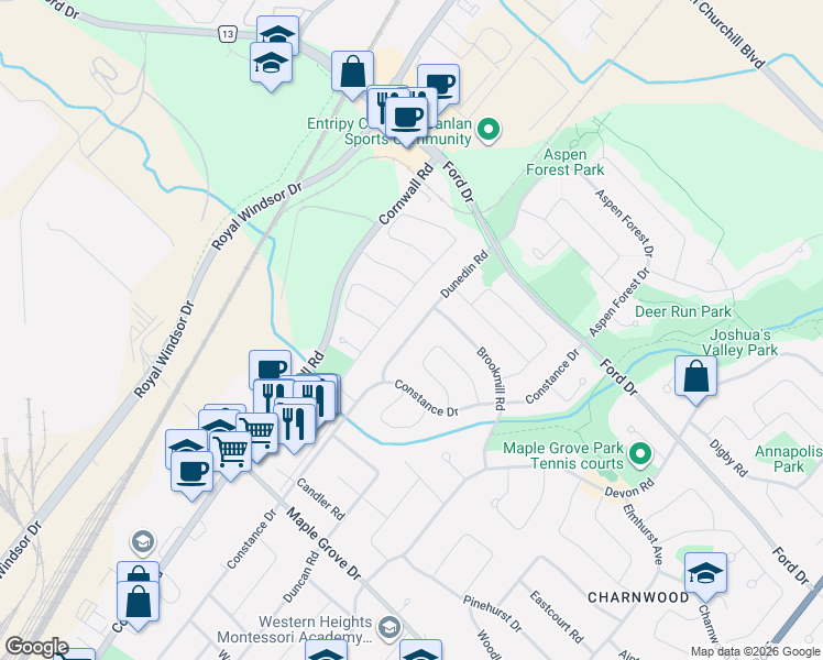 map of restaurants, bars, coffee shops, grocery stores, and more near 2197 Dunedin Road in Oakville