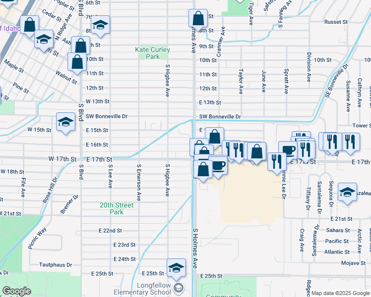 map of restaurants, bars, coffee shops, grocery stores, and more near 466 East 16th Street in Idaho Falls