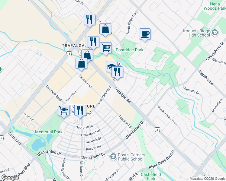 map of restaurants, bars, coffee shops, grocery stores, and more near 270 Oak Park Boulevard in Oakville