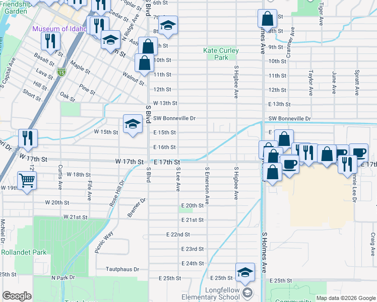 map of restaurants, bars, coffee shops, grocery stores, and more near 214-222 East 16th Street in Idaho Falls