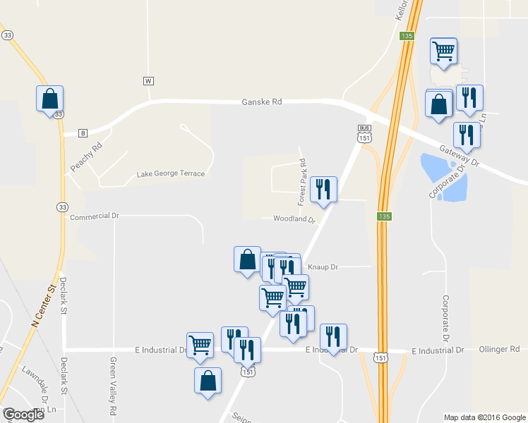 map of restaurants, bars, coffee shops, grocery stores, and more near W8452 Woodland Drive in Beaver Dam