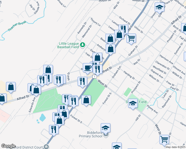 map of restaurants, bars, coffee shops, grocery stores, and more near 352-354 Alfred Street in Biddeford