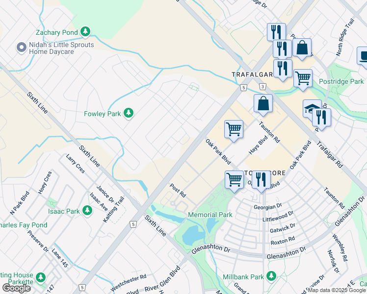 map of restaurants, bars, coffee shops, grocery stores, and more near 128 Grovewood Common in Oakville