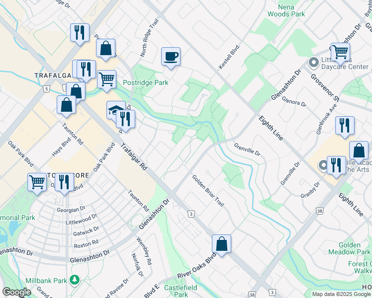 map of restaurants, bars, coffee shops, grocery stores, and more near 2250 Golden Briar Trail in Oakville