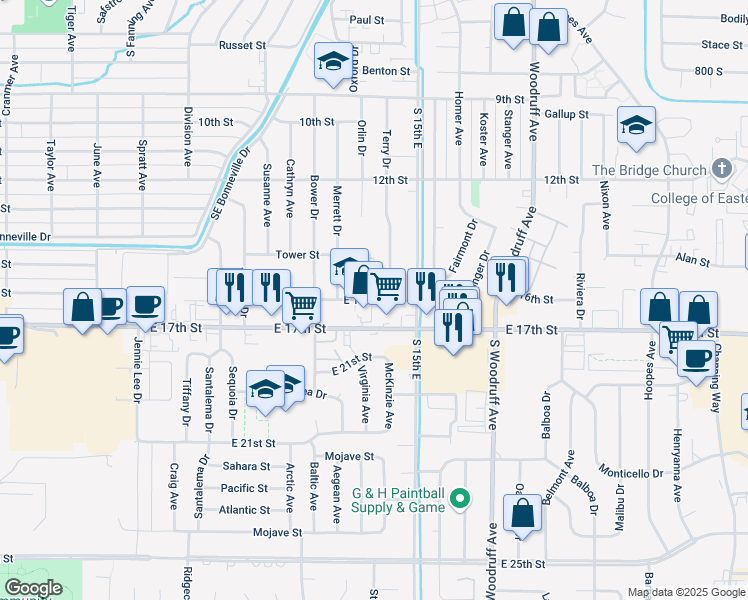 map of restaurants, bars, coffee shops, grocery stores, and more near 1385 East 16th Street in Idaho Falls
