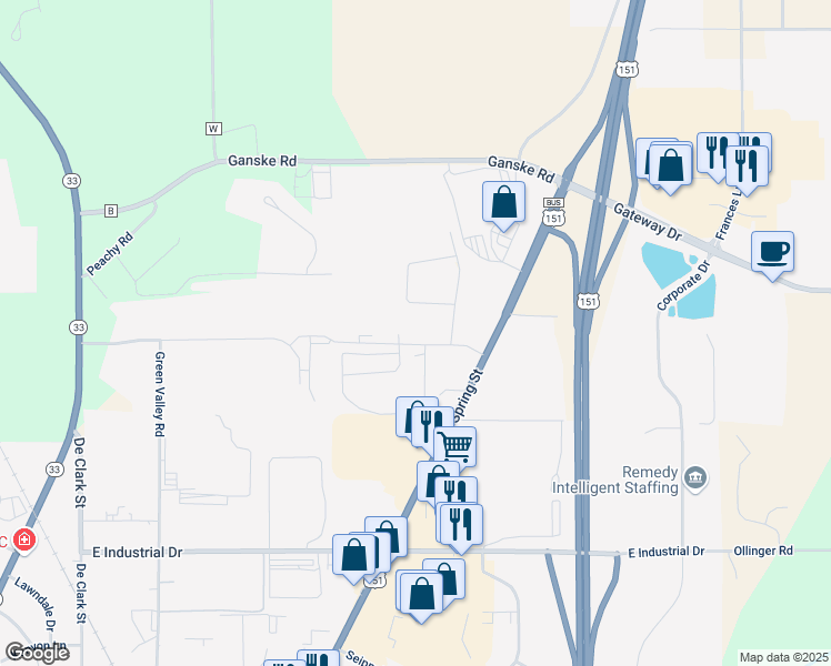 map of restaurants, bars, coffee shops, grocery stores, and more near W8452 Woodland Drive in Beaver Dam