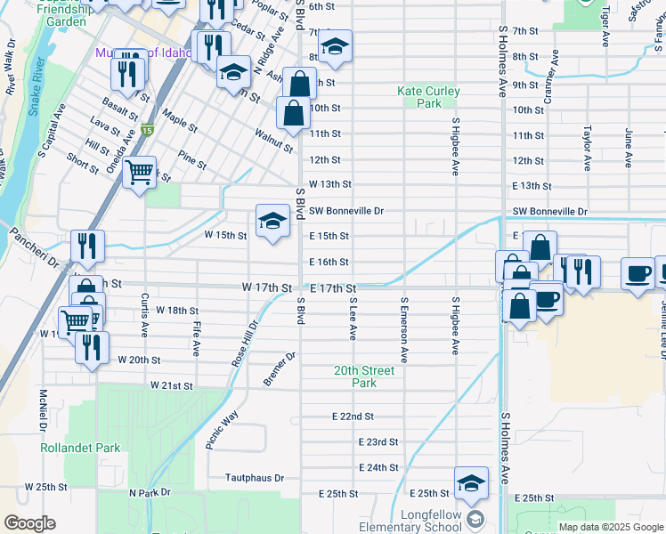 map of restaurants, bars, coffee shops, grocery stores, and more near 162 East 16th Street in Idaho Falls
