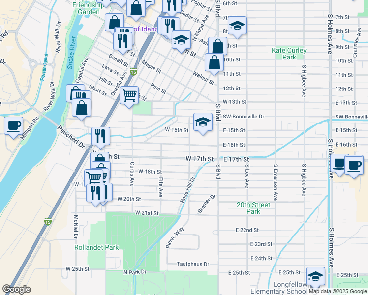 map of restaurants, bars, coffee shops, grocery stores, and more near 215 West 16th Street in Idaho Falls