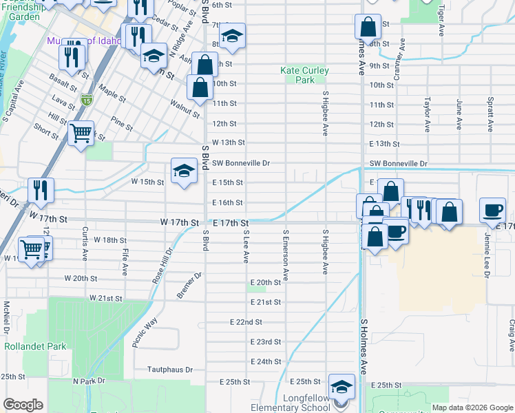 map of restaurants, bars, coffee shops, grocery stores, and more near 222 East 16th Street in Idaho Falls