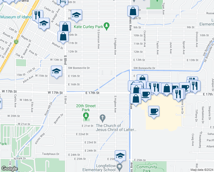 map of restaurants, bars, coffee shops, grocery stores, and more near 346 East 16th Street in Idaho Falls