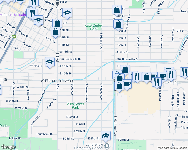 map of restaurants, bars, coffee shops, grocery stores, and more near 346 East 16th Street in Idaho Falls