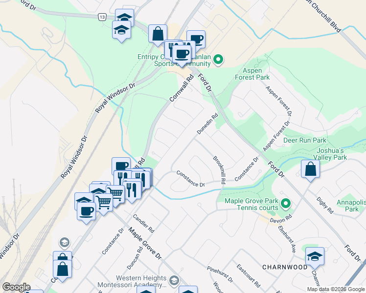 map of restaurants, bars, coffee shops, grocery stores, and more near 2197 Dunedin Road in Oakville