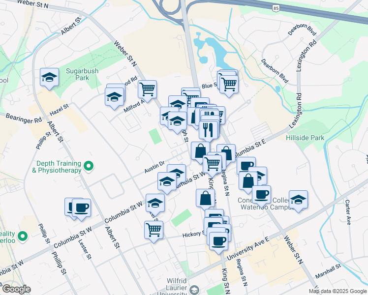 map of restaurants, bars, coffee shops, grocery stores, and more near 10 Austin Drive in Waterloo