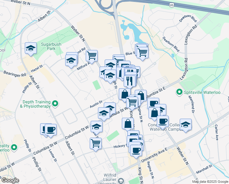 map of restaurants, bars, coffee shops, grocery stores, and more near 16 Austin Drive in Waterloo