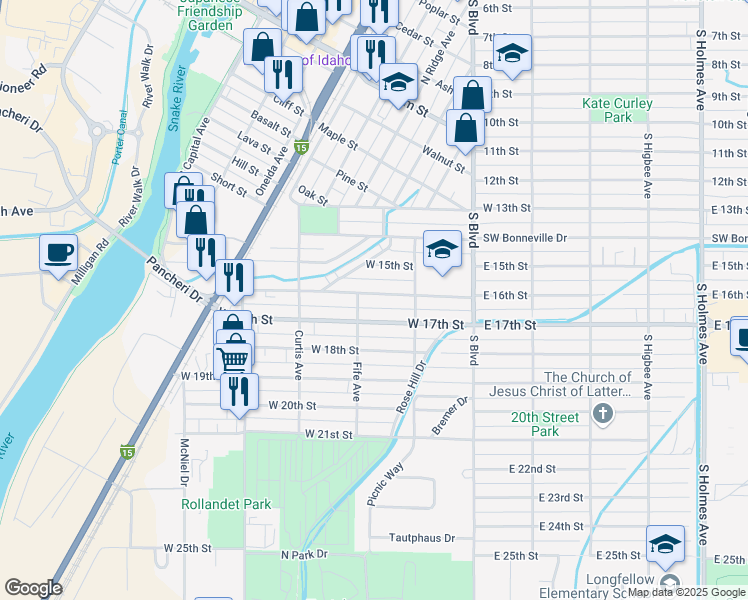 map of restaurants, bars, coffee shops, grocery stores, and more near 259 West 16th Street in Idaho Falls