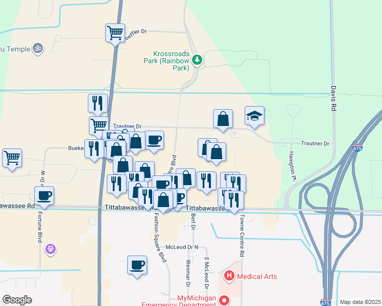 map of restaurants, bars, coffee shops, grocery stores, and more near 5230 Fashion Square Boulevard in Saginaw