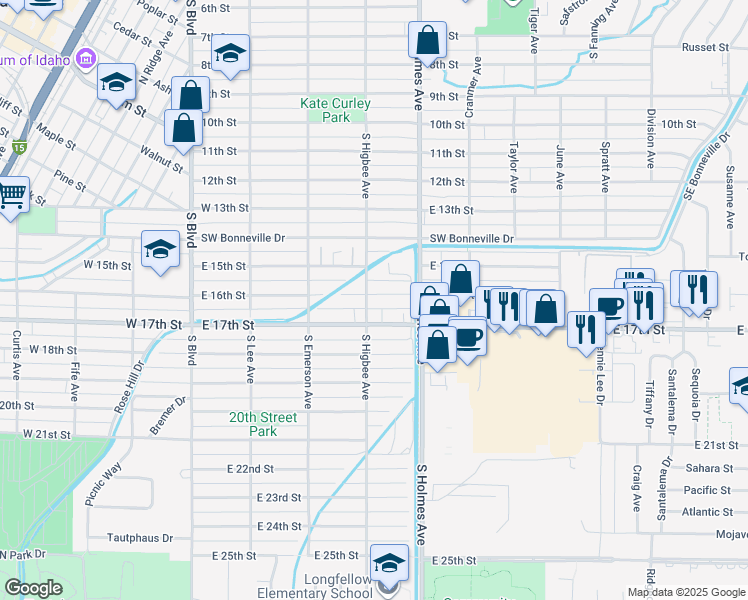 map of restaurants, bars, coffee shops, grocery stores, and more near 412 East 16th Street in Idaho Falls