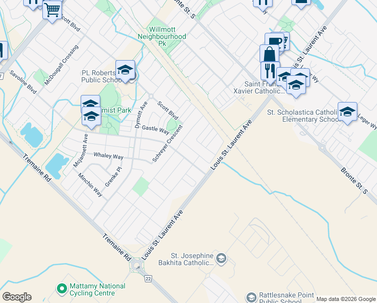 map of restaurants, bars, coffee shops, grocery stores, and more near 305 Gleave Terrace in Milton