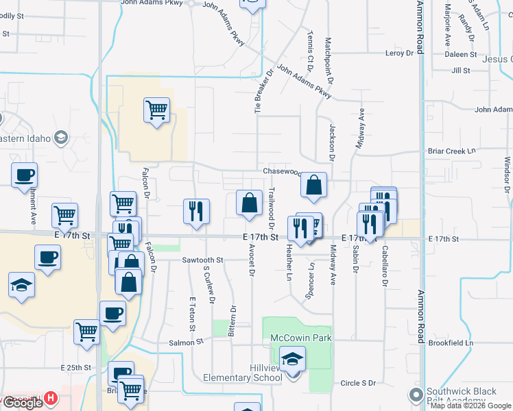map of restaurants, bars, coffee shops, grocery stores, and more near 2890 Woodbridge Circle in Idaho Falls
