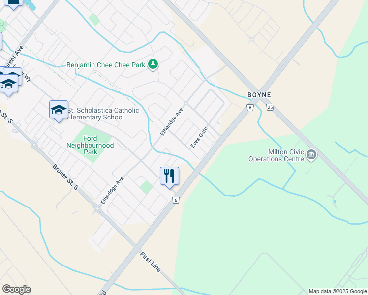 map of restaurants, bars, coffee shops, grocery stores, and more near 1534 Clitherow Street in Milton