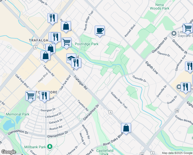 map of restaurants, bars, coffee shops, grocery stores, and more near 392 Kittridge Road in Oakville