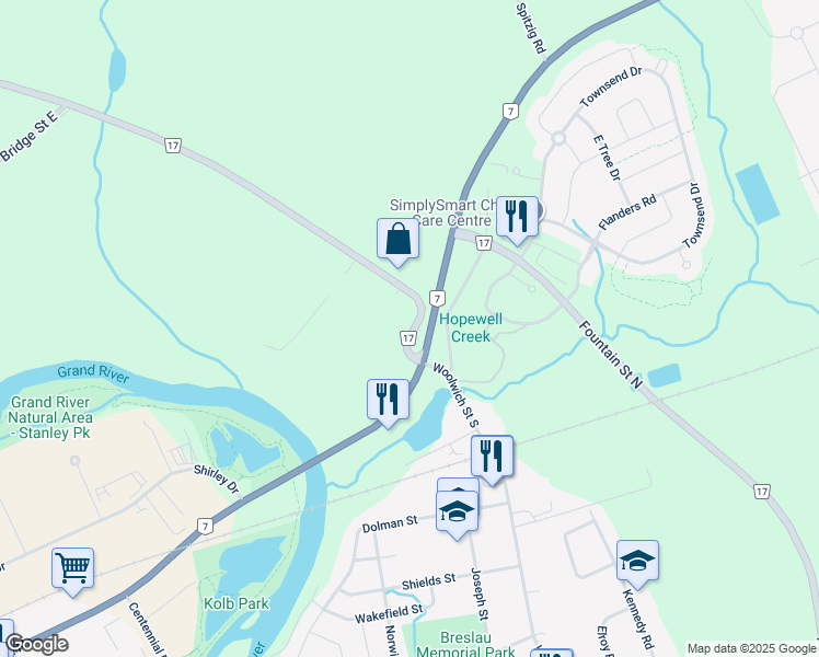 map of restaurants, bars, coffee shops, grocery stores, and more near 22 Ebycrest Road in Breslau