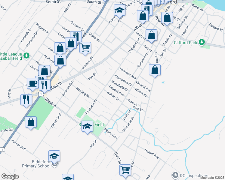 map of restaurants, bars, coffee shops, grocery stores, and more near 12 Dupont Avenue in Biddeford
