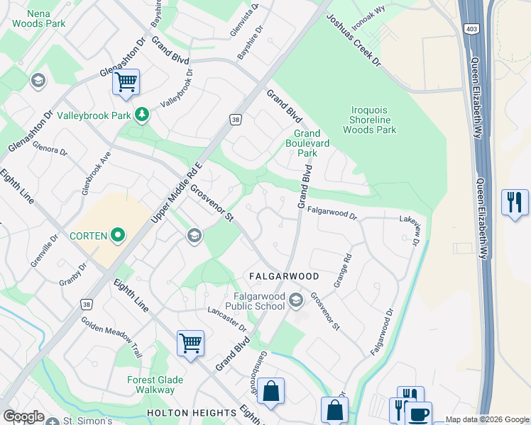 map of restaurants, bars, coffee shops, grocery stores, and more near 1404 Kimberley Drive in Oakville
