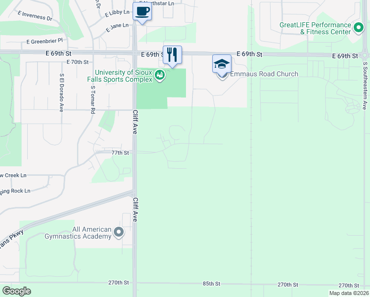 map of restaurants, bars, coffee shops, grocery stores, and more near 1609 East 77th Street in Sioux Falls