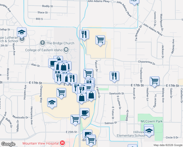 map of restaurants, bars, coffee shops, grocery stores, and more near 1548 Falcon Drive in Ammon