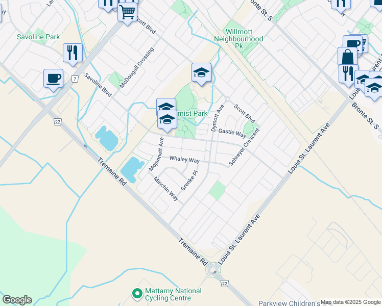 map of restaurants, bars, coffee shops, grocery stores, and more near 886 Etherington Way in Milton