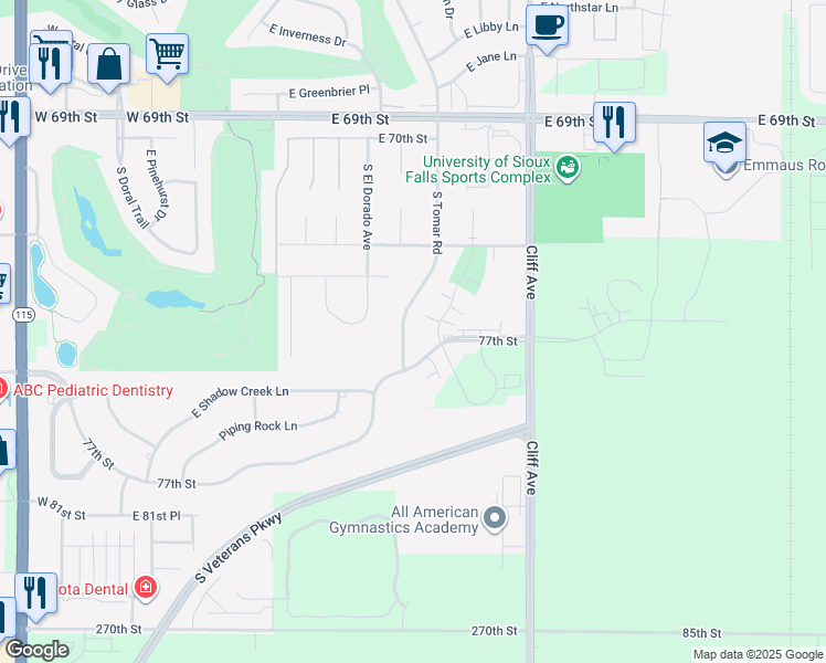 map of restaurants, bars, coffee shops, grocery stores, and more near 6708 South Tomar Road in Sioux Falls