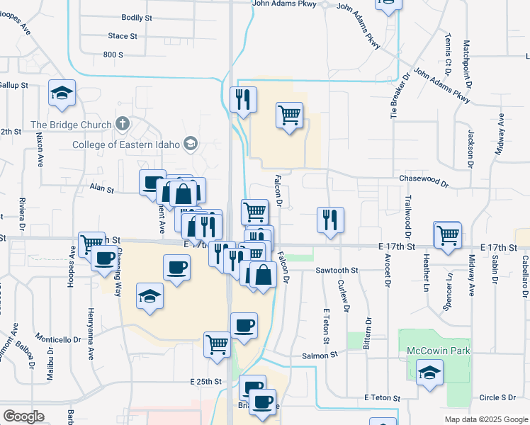 map of restaurants, bars, coffee shops, grocery stores, and more near 1548 Falcon Drive in Ammon