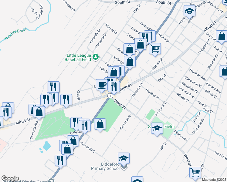 map of restaurants, bars, coffee shops, grocery stores, and more near 352-354 Alfred Street in Biddeford