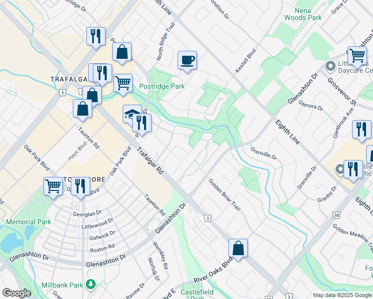 map of restaurants, bars, coffee shops, grocery stores, and more near 392 Kittridge Road in Oakville