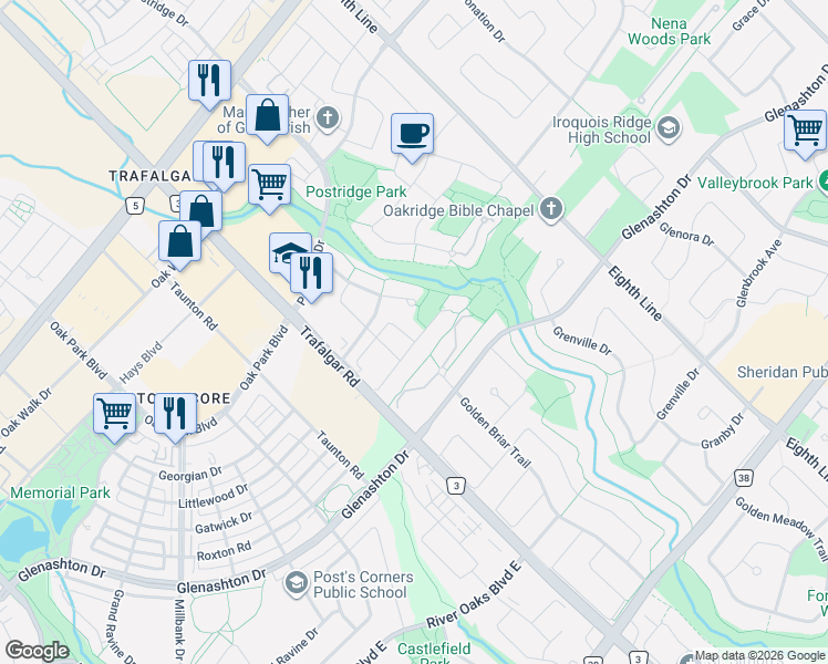map of restaurants, bars, coffee shops, grocery stores, and more near 401 Kittridge Road in Oakville