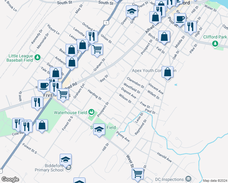 map of restaurants, bars, coffee shops, grocery stores, and more near 136 Prospect Street in Biddeford