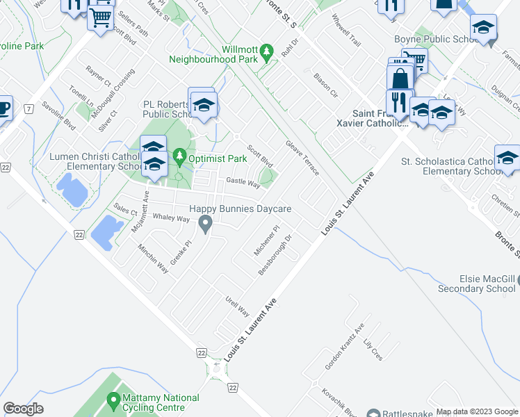 map of restaurants, bars, coffee shops, grocery stores, and more near 322 Schreyer Crescent in Milton