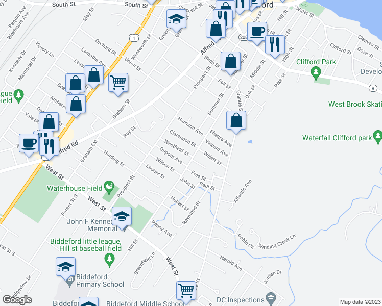 map of restaurants, bars, coffee shops, grocery stores, and more near 27 Westfield Street in Biddeford