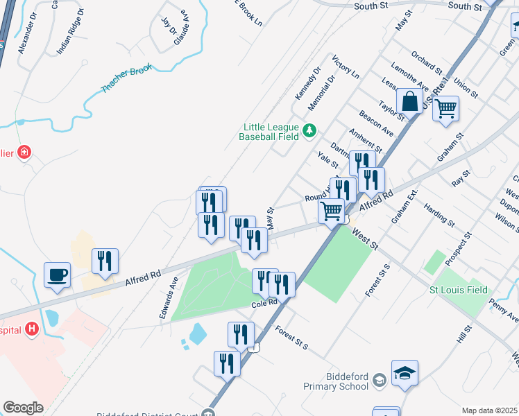 map of restaurants, bars, coffee shops, grocery stores, and more near 180 May Street in Biddeford