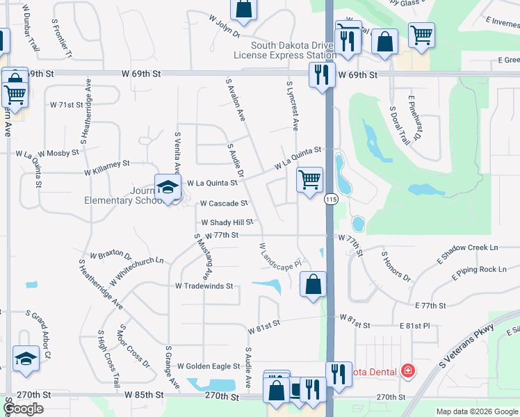 map of restaurants, bars, coffee shops, grocery stores, and more near 6704 South Audie Drive in Sioux Falls