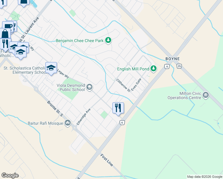map of restaurants, bars, coffee shops, grocery stores, and more near 314 Etheridge Avenue in Milton