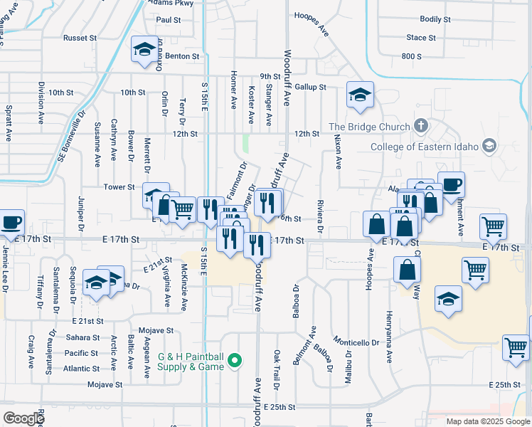 map of restaurants, bars, coffee shops, grocery stores, and more near 1605 S Woodruff Ave in Idaho Falls