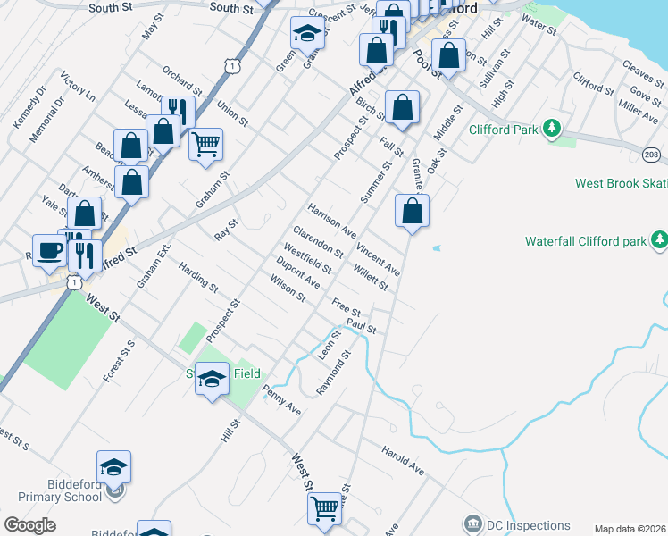 map of restaurants, bars, coffee shops, grocery stores, and more near 22 Westfield Street in Biddeford