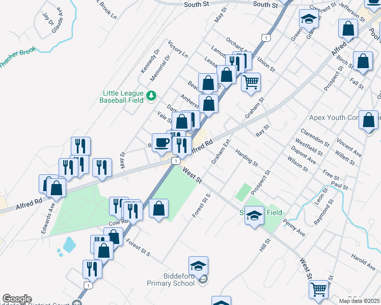 map of restaurants, bars, coffee shops, grocery stores, and more near 338 Alfred St in Biddeford